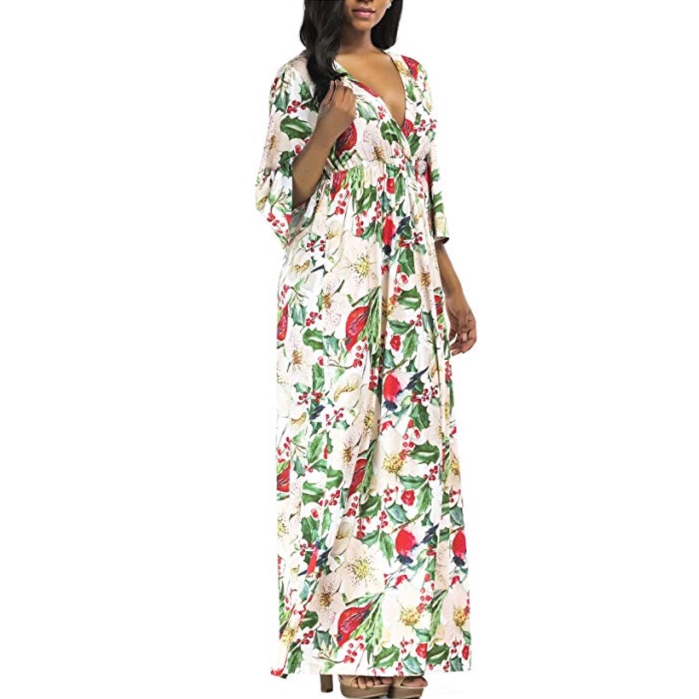 Plus Size Bohemian Floral Print V Neck Maxi Dress - Picture 3 of 5